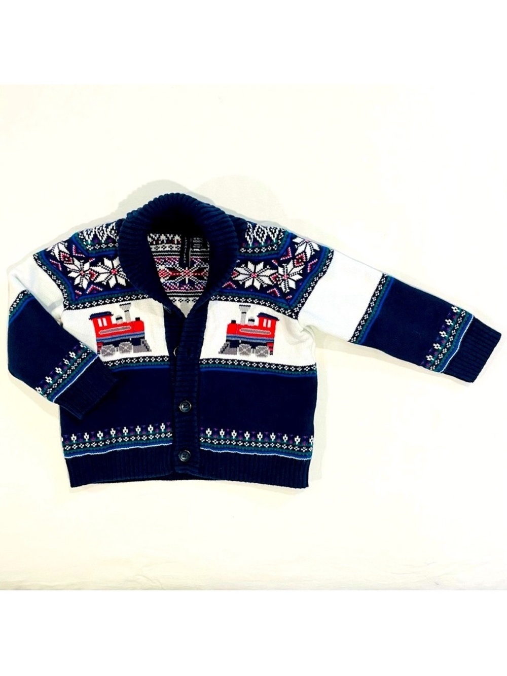 Janie and Jack Holiday Train Cardigan 12-18M Cotton Sweater Intarsia Fair Isle